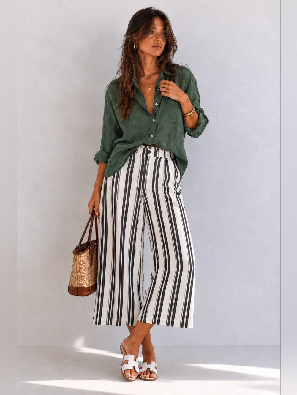 Abercrombie & Fitch Wide Leg Striped Pull On Pants Cropped Medium NEW